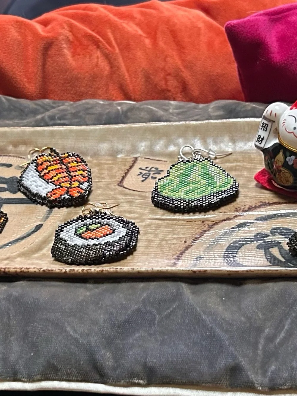 Handmade Beaded Sushi Earrings in Green, Orange, Black